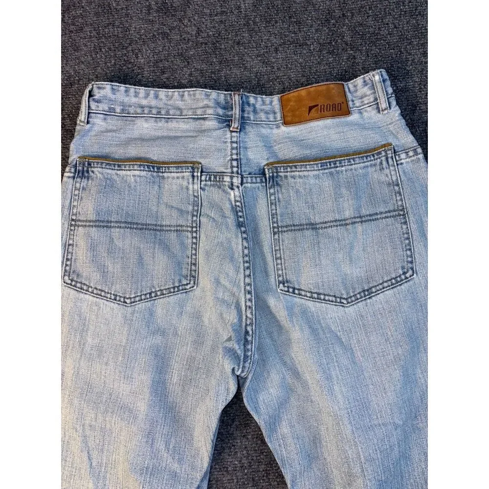Road Jeans Men Size 33x34 Blue Denim Pockets Flat Front Regular Fit Straight Leg